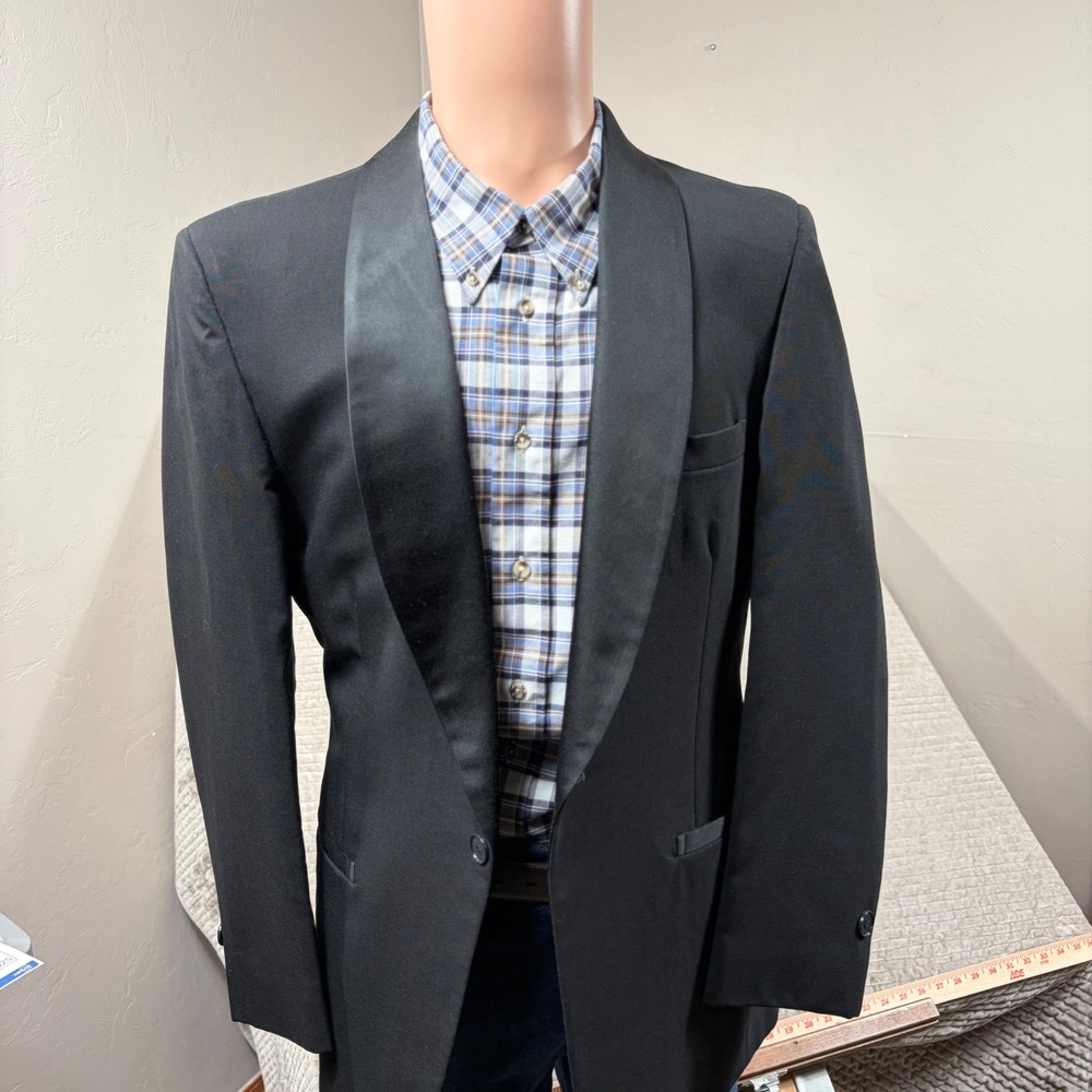 Pierre Cardin Mens Tuxedo Suit 42R Black Satin Shawl Lapel Formal 2pc Set USA
